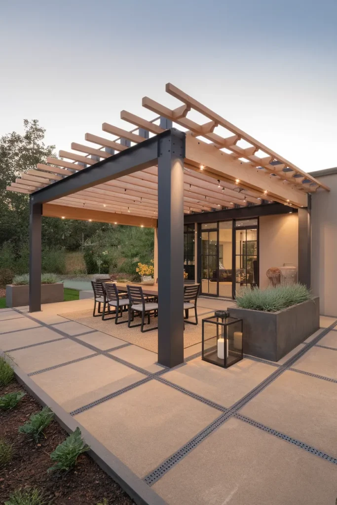 23 Modern Pergola Ideas That Instantly Upgrade Your Outdoor Living Space 11 Mixed-Material Pergola with Wood and Steel Accents