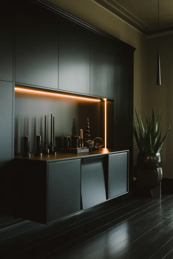 24 Dining Room Cabinet Ideas That Add Style, Storage, And Serious Charm 8 Modern Black Cabinet With Soft Lighting