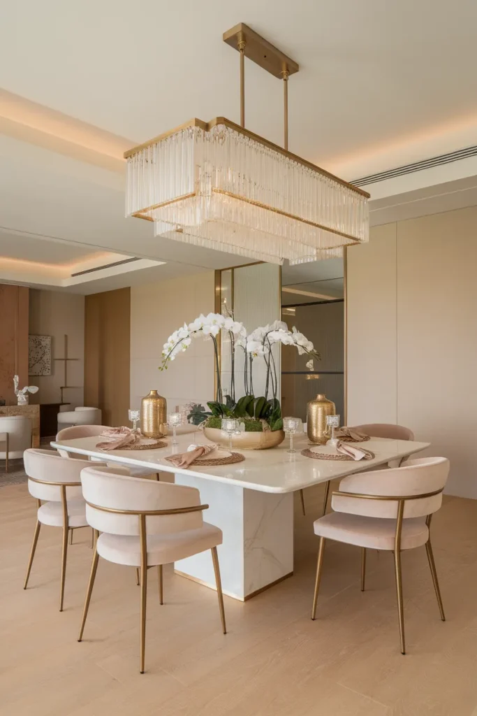 Modern Glam Dining Room with Statement Chandeliers