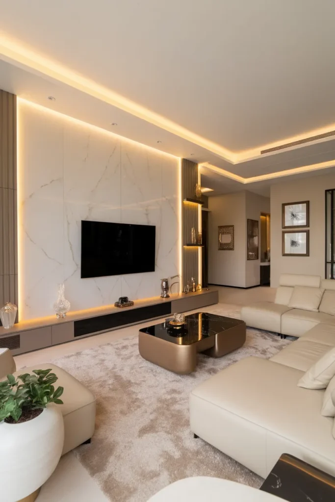 20 Trendy TV Wall Design Ideas to Elevate Your Home Aesthetic Effortlessly 2 Modern Marble TV Wall with Warm Lighting