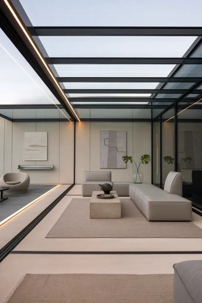Modern Minimalist Sunroom with Glass Walls and Clean Lines