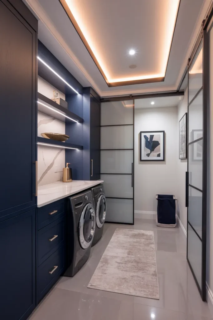 18 Blue Laundry Room Ideas That’ll Make You Fall in Love with Doing Laundry 13 Modern Navy Cabinets with Marble Backsplash