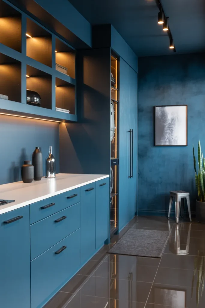18 Blue Laundry Room Ideas That’ll Make You Fall in Love with Doing Laundry 19 Moody Indigo with Sleek Storage