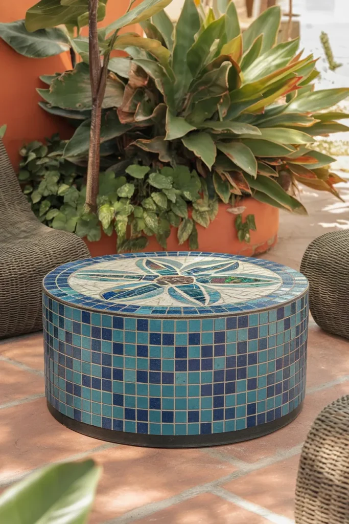 17 Easy Outdoor Coffee Table Projects You Can Build This Weekend 13 Mosaic Tile Drum Coffee Table