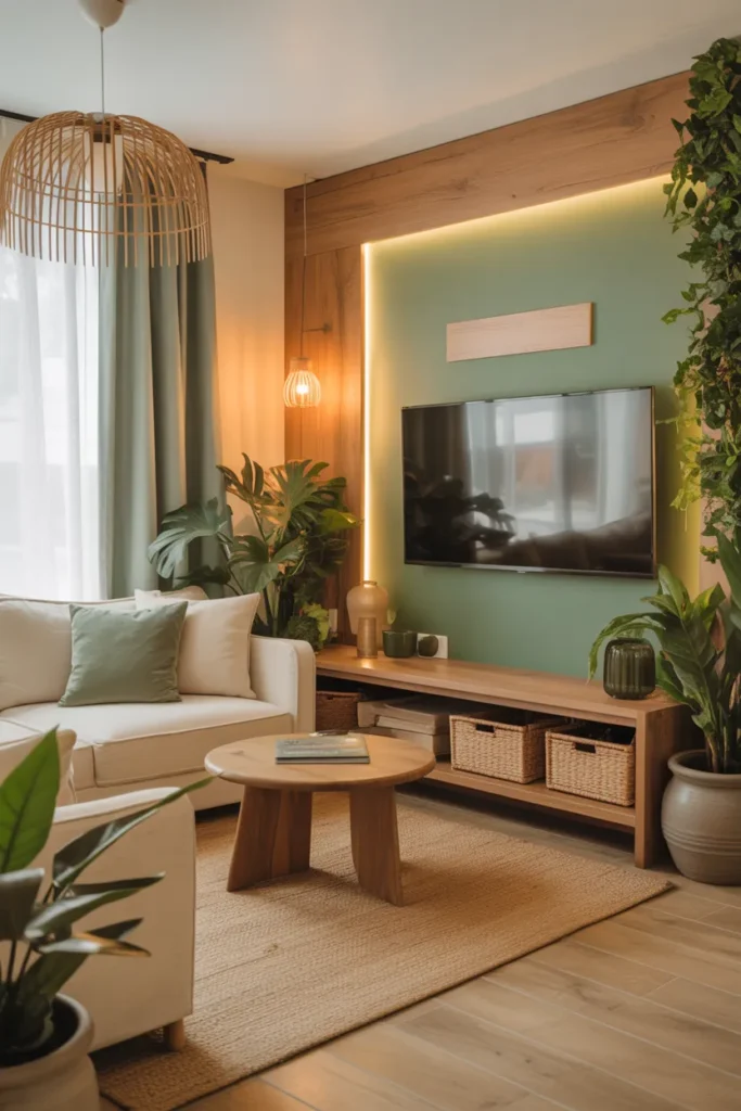 Nature-Inspired TV Room with Soft Greens