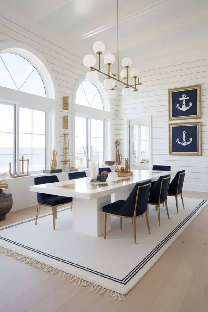 30 Coastal Dining Room Ideas That Bring the Beach Straight Into Your Home 4 Navy And White Coastal Chic