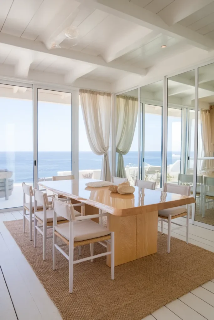30 Coastal Dining Room Ideas That Bring the Beach Straight Into Your Home 15 Ocean View Dining With Sheer Curtains