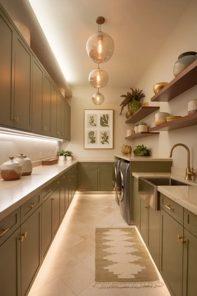 Olive Green Cabinets with Brass Touches