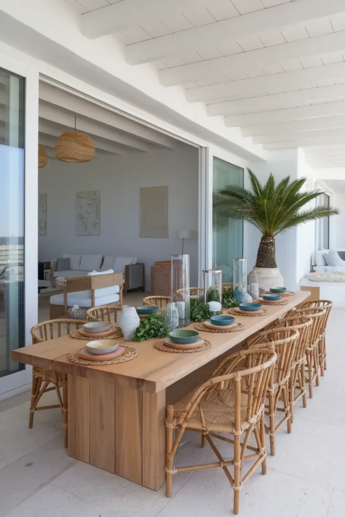30 Coastal Dining Room Ideas That Bring the Beach Straight Into Your Home 11 Open Coastal Dining With Indoor-Outdoor Flow