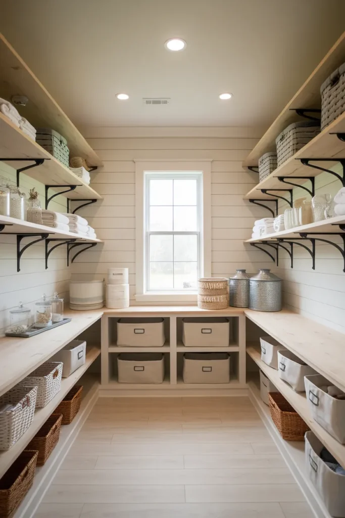 Open Shelving with Farmhouse Storage Bins
