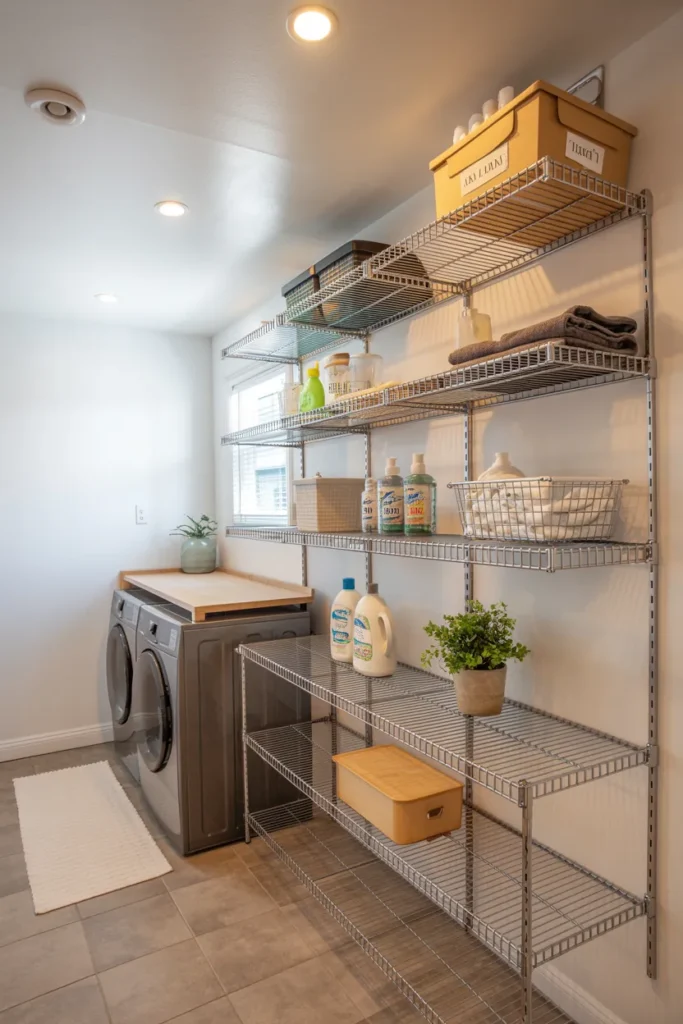 22 Laundry Room Shelving Ideas That Instantly Make Your Space Look Bigger 7 Open Wire Shelving for Airy Organization