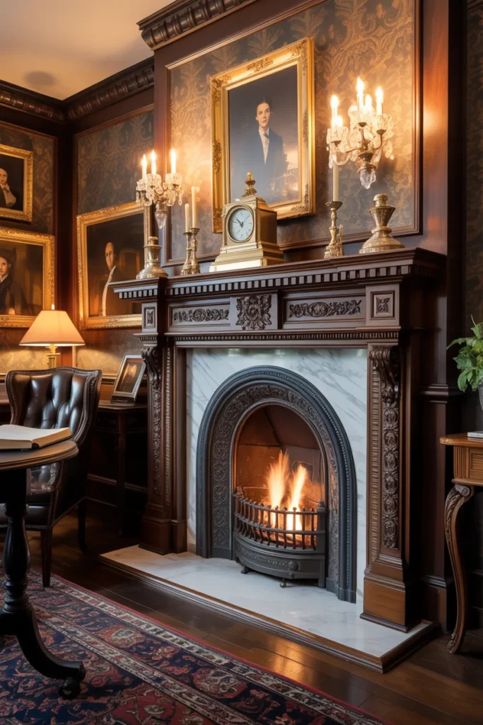 26 Victorian Home Office Ideas That Transform Any Workspace Into Pure Vintage Magic 7 Ornate Fireplace As A Cozy Focal Point