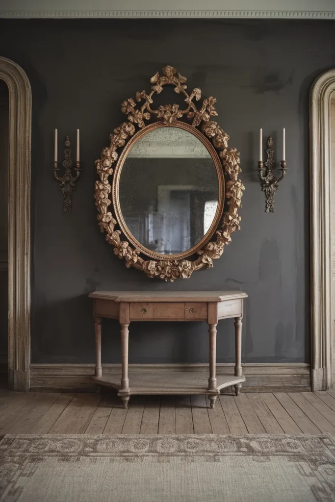 25 Vintage Home Office Ideas That Turn Work Into a Timeless Experience 13 Ornate Mirror with Tarnished Frame