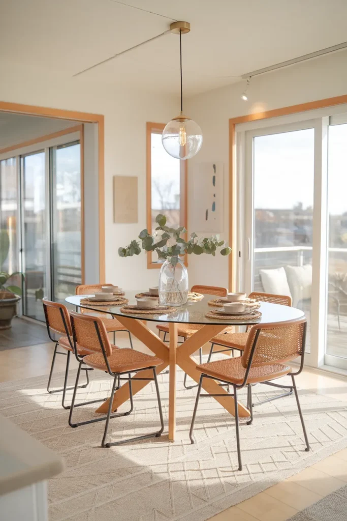 Oval Glass Dining Table with Wooden Cross Base
