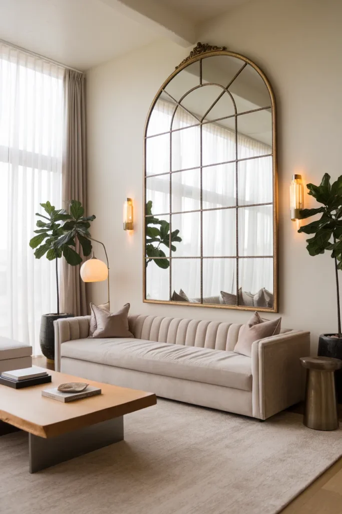 Oversized Statement Mirror Behind the Sofa