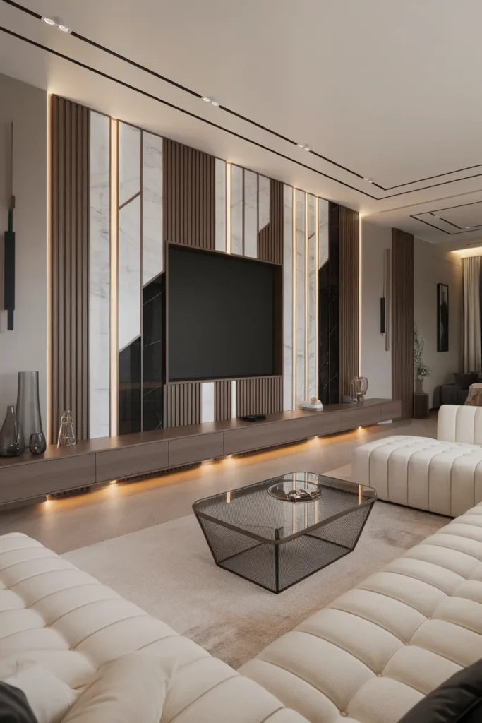 20 Trendy TV Wall Design Ideas to Elevate Your Home Aesthetic Effortlessly 12 Panelled TV Wall with Mixed Materials