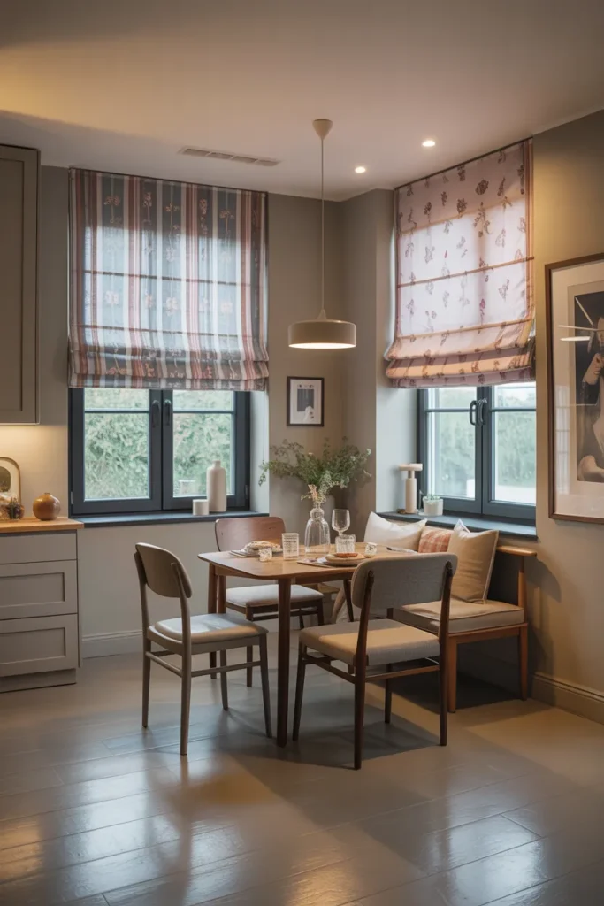 Patterned Roman Shades For Compact Dining Rooms