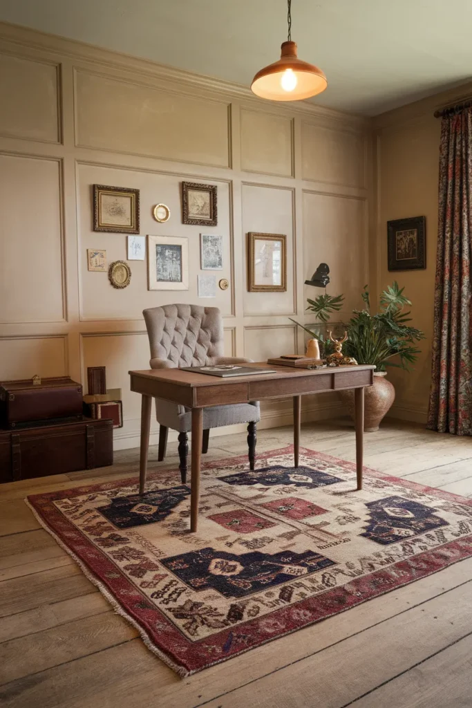 25 Vintage Home Office Ideas That Turn Work Into a Timeless Experience 20 Patterned Rugs with Worn Edges