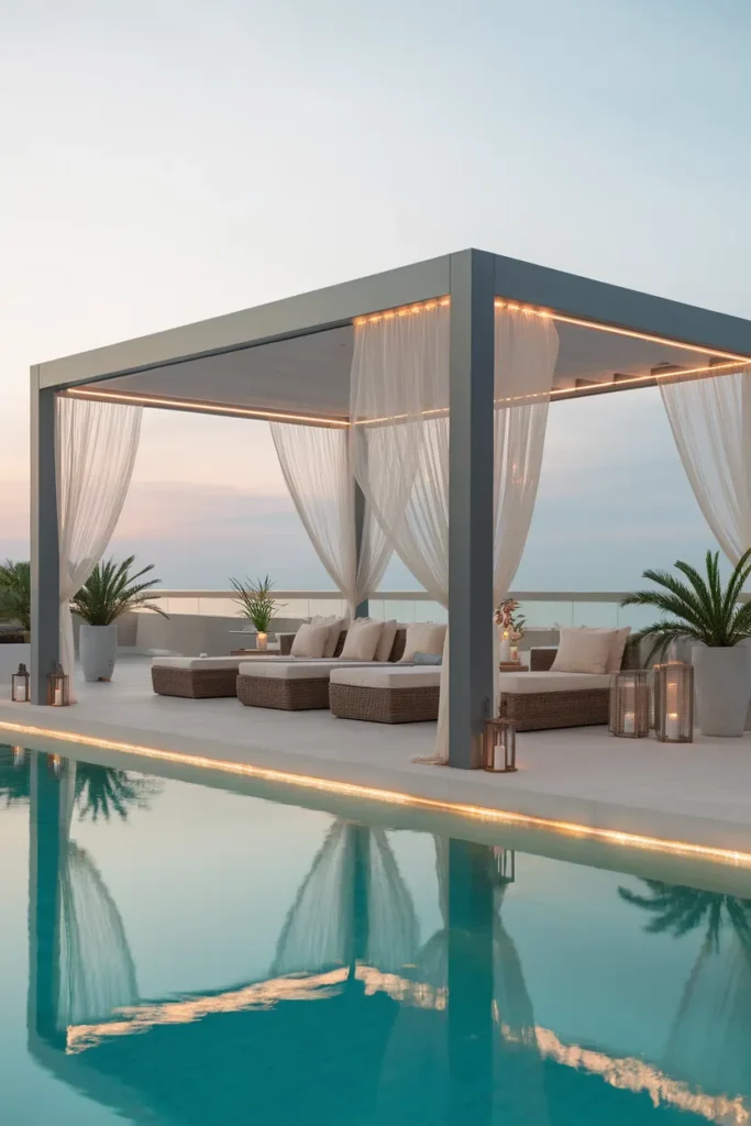 23 Modern Pergola Ideas That Instantly Upgrade Your Outdoor Living Space 12 Poolside Pergola with Sheer Curtains