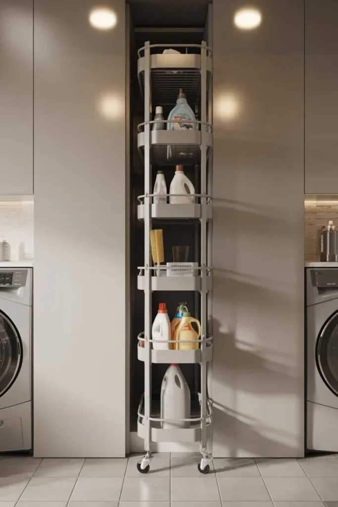 22 Laundry Room Shelving Ideas That Instantly Make Your Space Look Bigger 15 Pull-Out Shelf Between Washer and Dryer