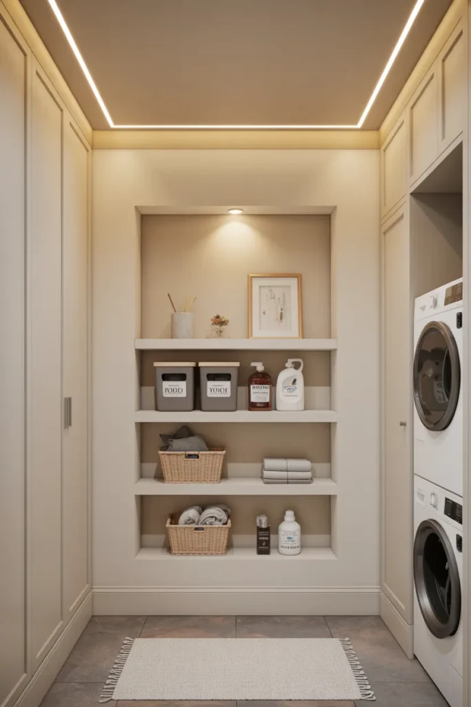 22 Laundry Room Shelving Ideas That Instantly Make Your Space Look Bigger 11 Recessed Wall Shelving for a Built-In Look