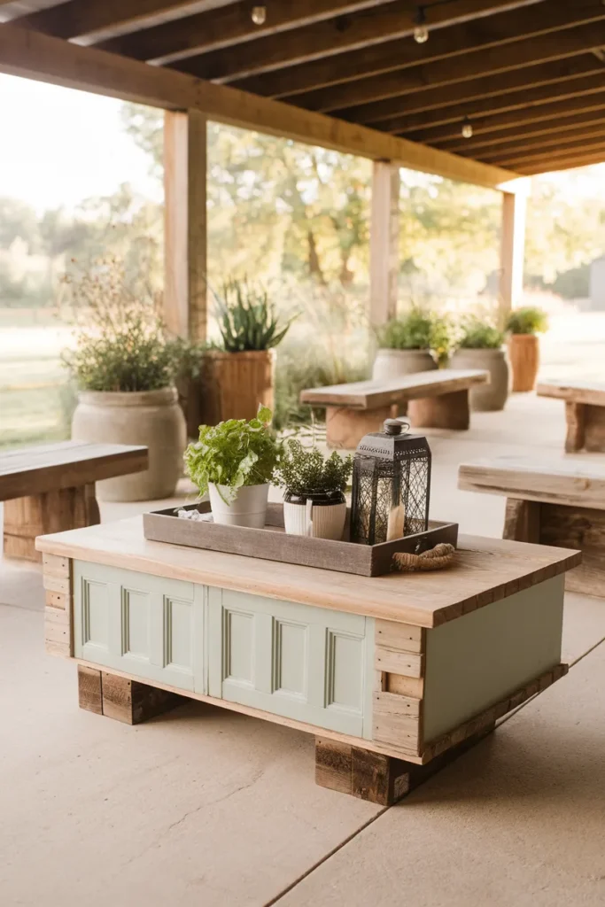 17 Easy Outdoor Coffee Table Projects You Can Build This Weekend 16 Reclaimed Door Coffee Table