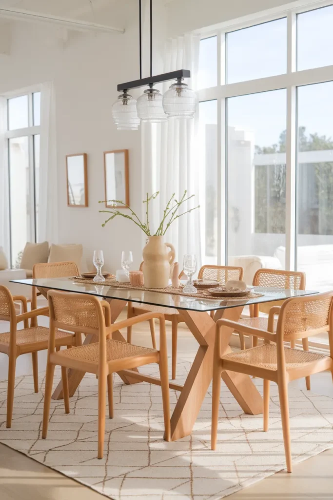 Rectangular Glass Table with Wooden Trestle Base