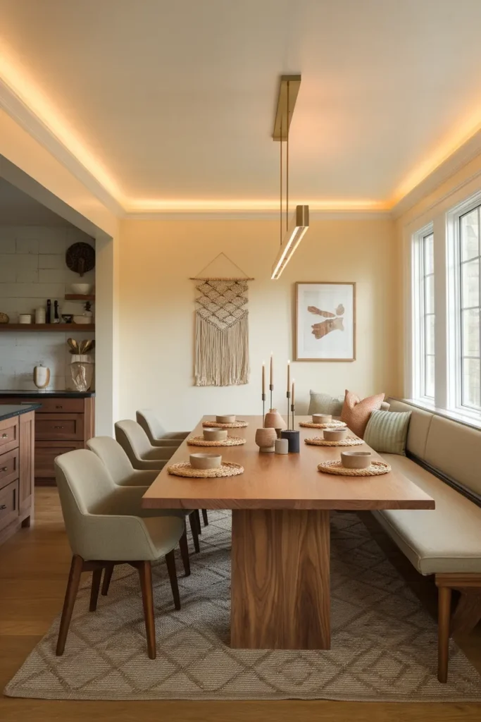 Rectangular Walnut Dining Table with Bench Seating