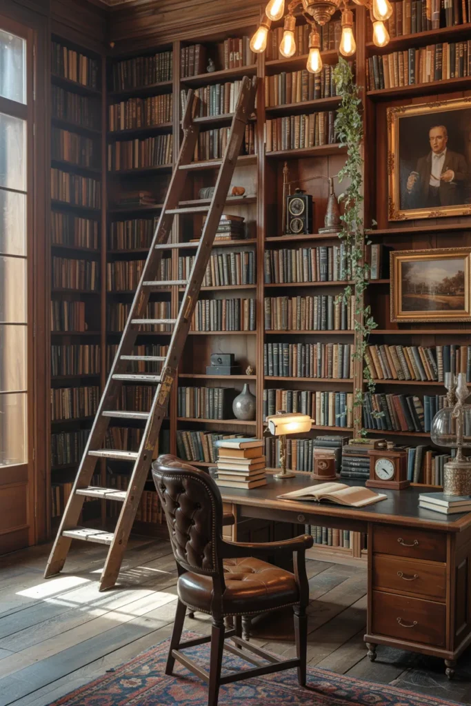 25 Vintage Home Office Ideas That Turn Work Into a Timeless Experience 5 Rolling Ladder and Book Wall Drama