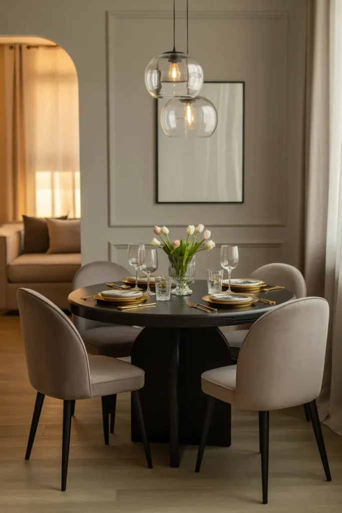 Round Black Dining Table With Glass Pendant Lighting