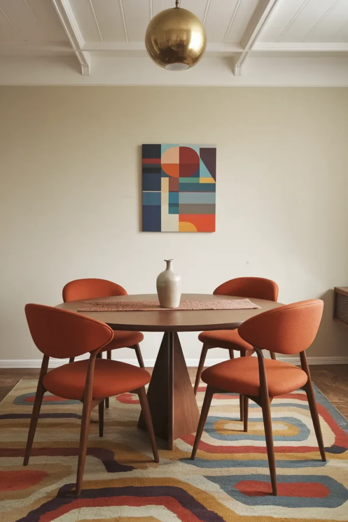 Round Walnut Table with Bold Color Chairs
