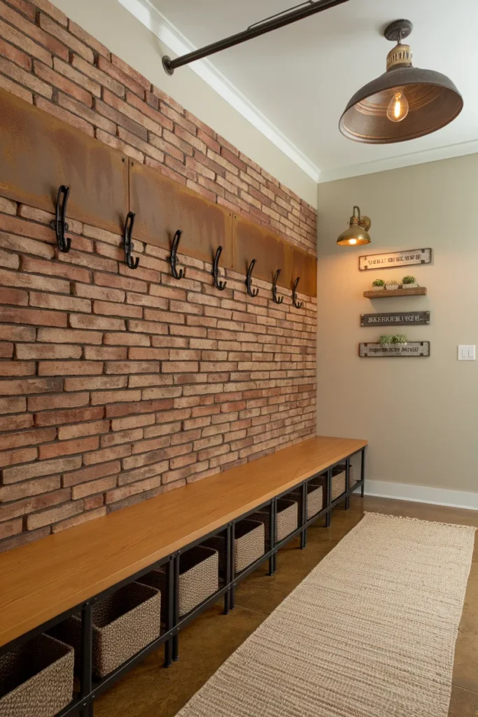 Rustic Brick Accent Wall with Utility Hooks