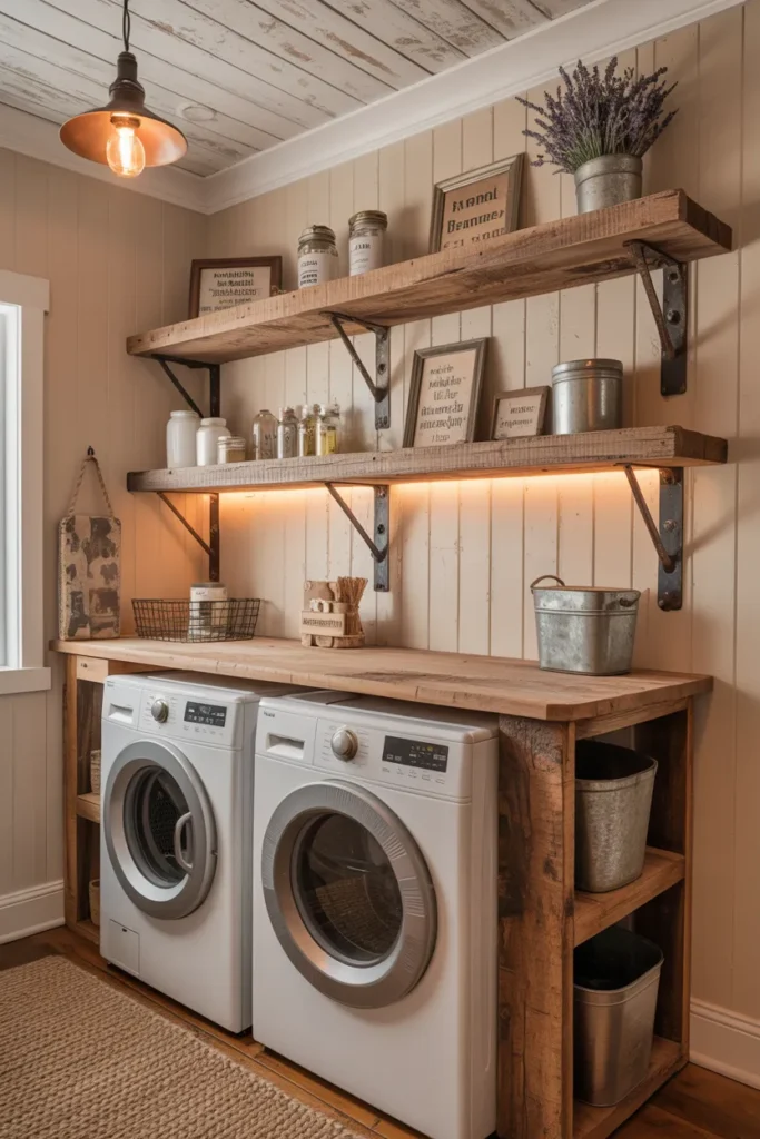 22 Laundry Room Shelving Ideas That Instantly Make Your Space Look Bigger 12 Rustic Farmhouse Shelves with Vintage Details