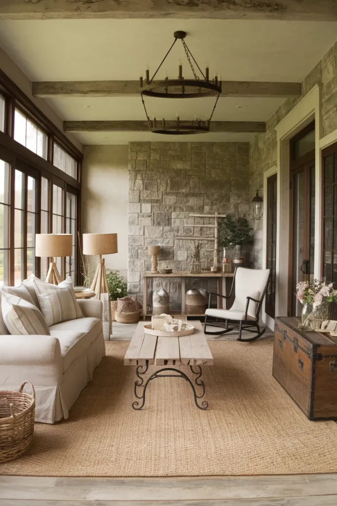 Rustic Farmhouse Sunroom with Reclaimed Wood and Stone