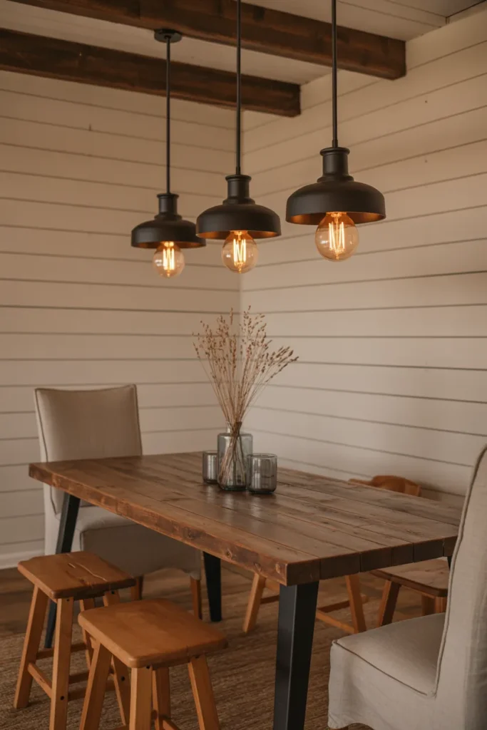 Rustic Pendant Lighting Over the Dining Table