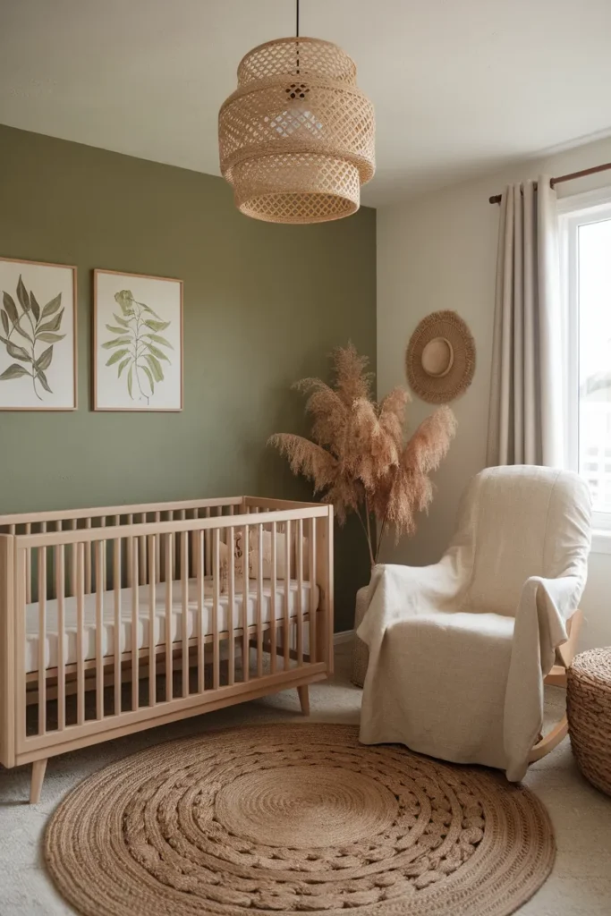Sage Green Accent Wall with Natural Wood Touches
