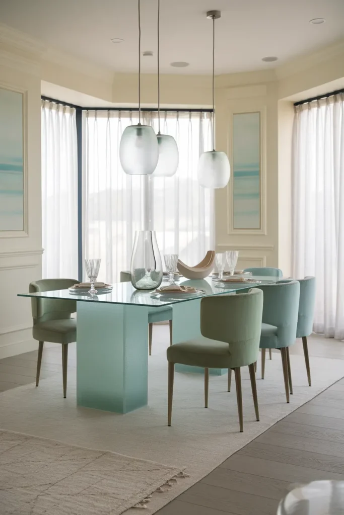 30 Coastal Dining Room Ideas That Bring the Beach Straight Into Your Home 13 Sea Glass Hues And Soft Curves
