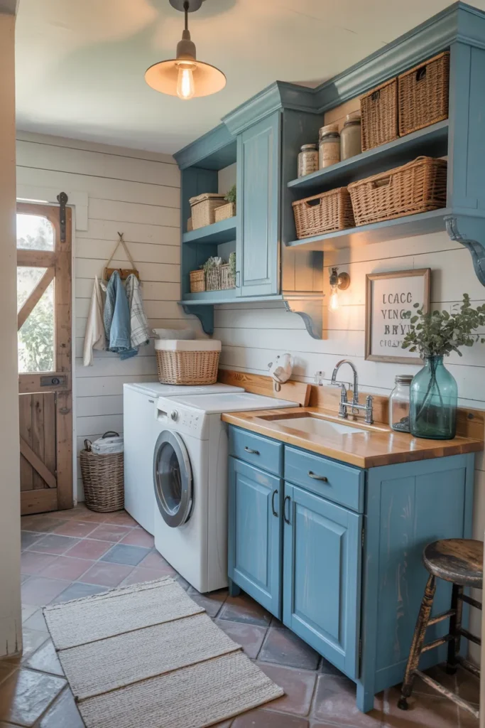 18 Blue Laundry Room Ideas That’ll Make You Fall in Love with Doing Laundry 4 Sky Blue and White Farmhouse Charm