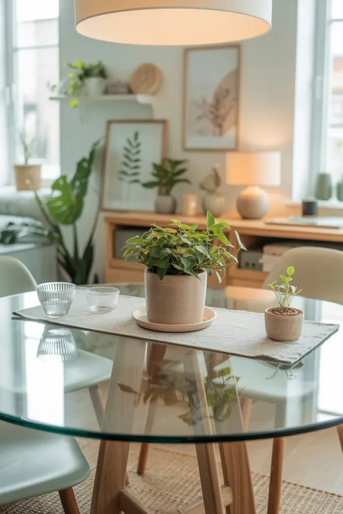 Glass Dining Table Decor Ideas That Transform Any Dining Room In Minutes 15 Small Plant in a Neutral Pot