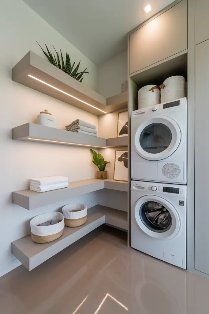 Smart Laundry with LED Floating Shelves