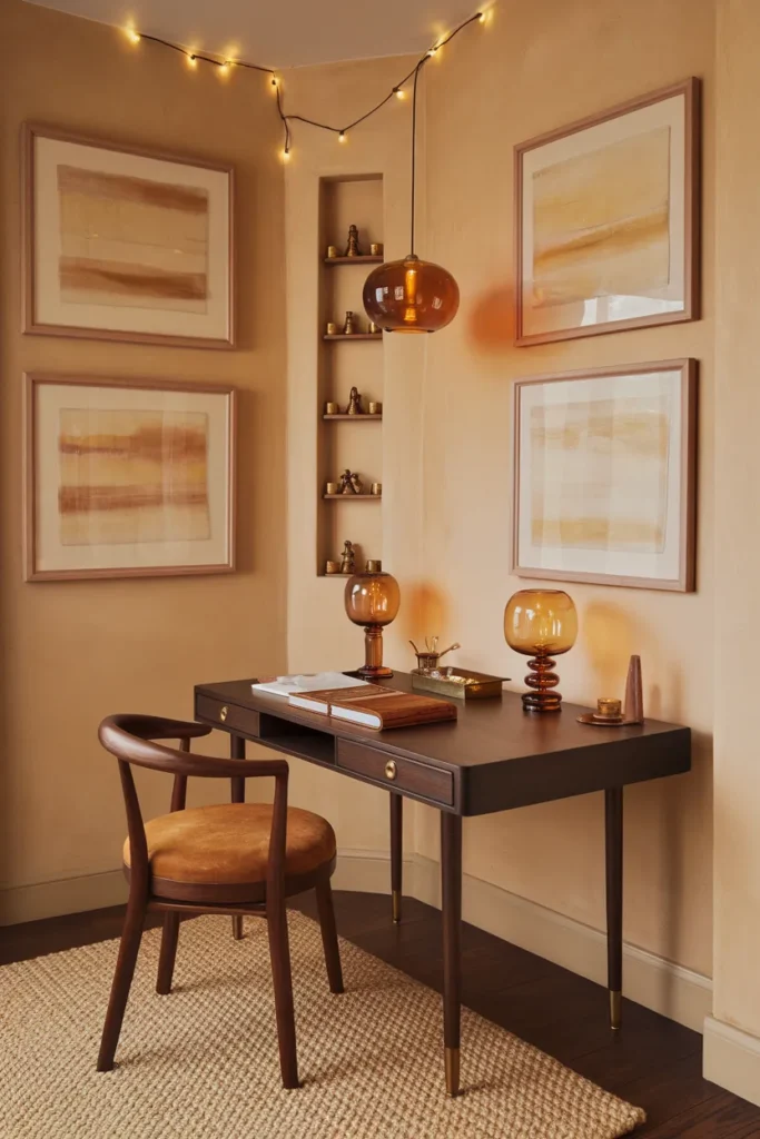 Soft Amber Lighting Workspace with Retro Comfort