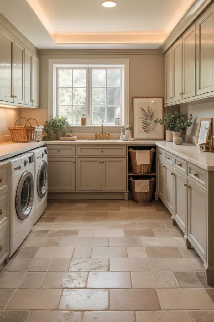 Trending Laundry Room Tile Ideas That Will Refresh Your Entire Home 17 Soft Beige Limestone Tile For a Timeless Calm