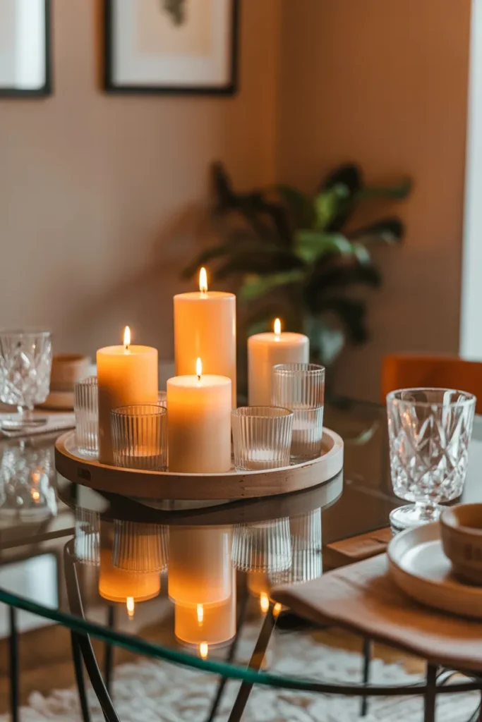 Glass Dining Table Decor Ideas That Transform Any Dining Room In Minutes 3 Soft Candle Grouping With Warm Glow