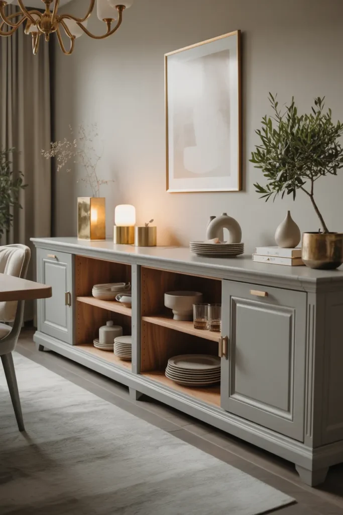 24 Dining Room Cabinet Ideas That Add Style, Storage, And Serious Charm 22 Soft Grey Cabinet With Brass Touches