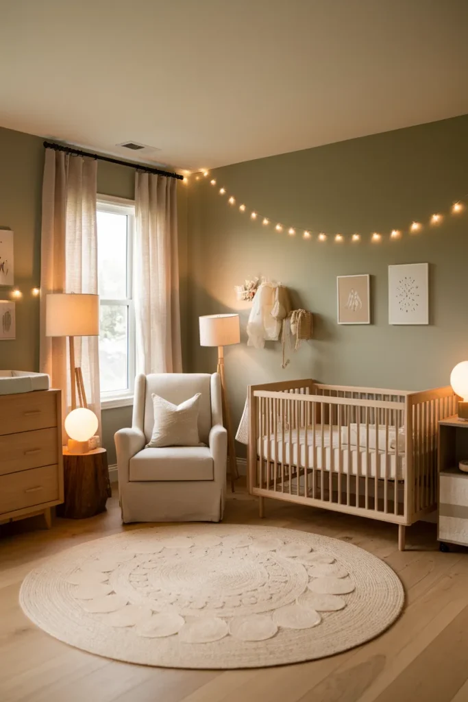 Soft Lighting in a Sage Green Nursery