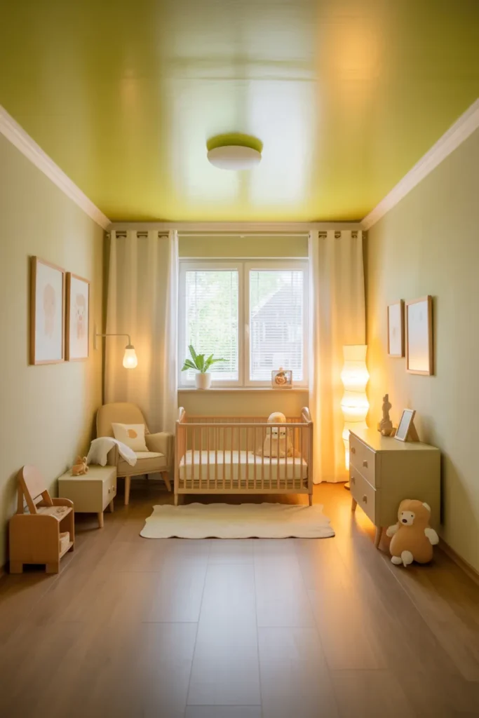 Soft, Bright, and Beautiful: Trending Yellow Nursery Ideas You’ll Fall in Love With 17 Soft Yellow Ceiling for a Gentle Glow