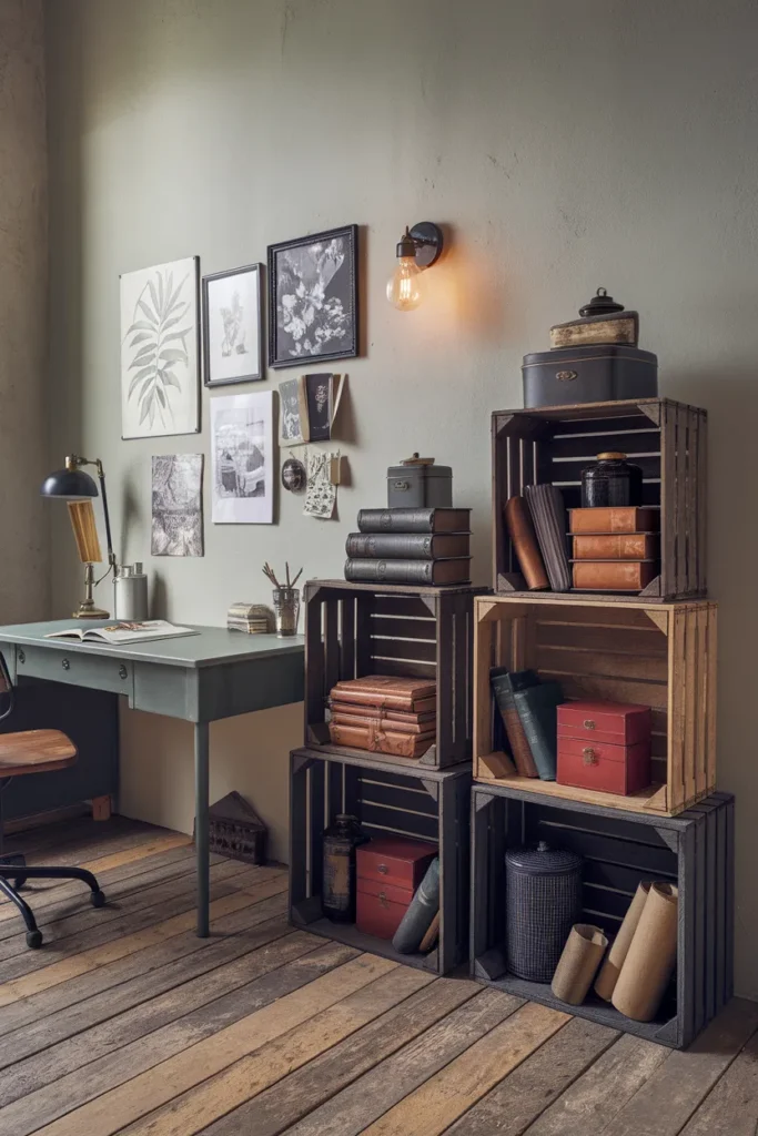 25 Vintage Home Office Ideas That Turn Work Into a Timeless Experience 15 Stacked Vintage Crates for Open Storage