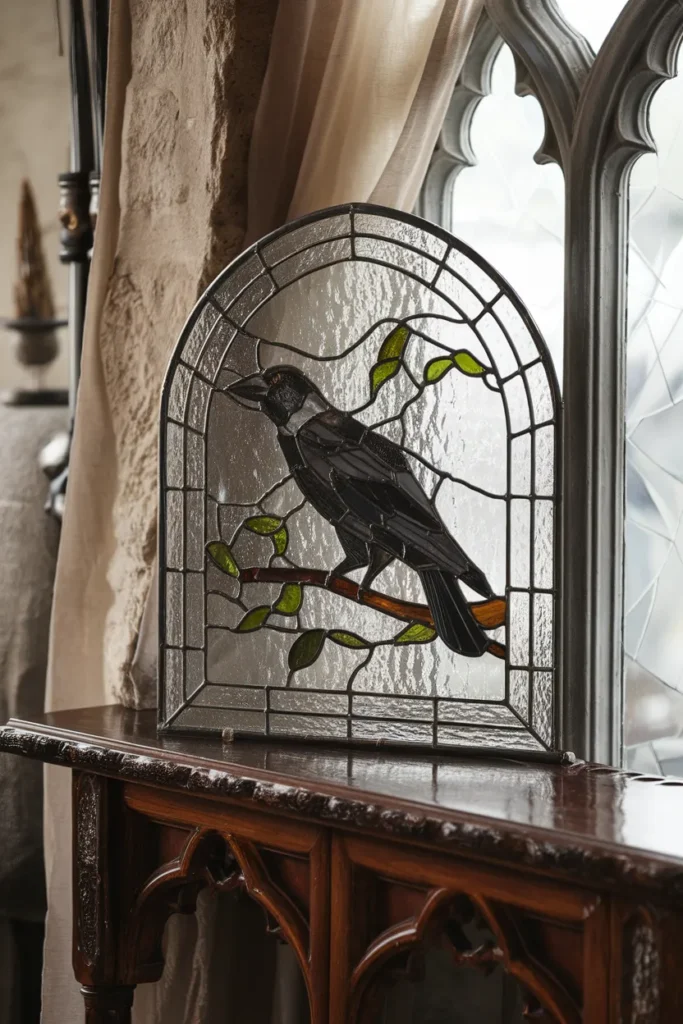 15 Gothic Wall Art Ideas That Turn Dark Spaces Into Dramatic Masterpieces 6 Stained Glass Raven Panels