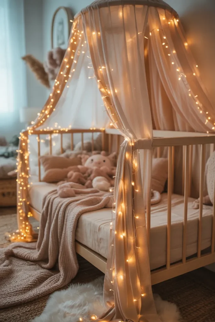 19 Nursery Lighting Ideas That Instantly Turn Baby Rooms Into Cozy Wonderlands 9 String Fairy Lights Around the Canopy