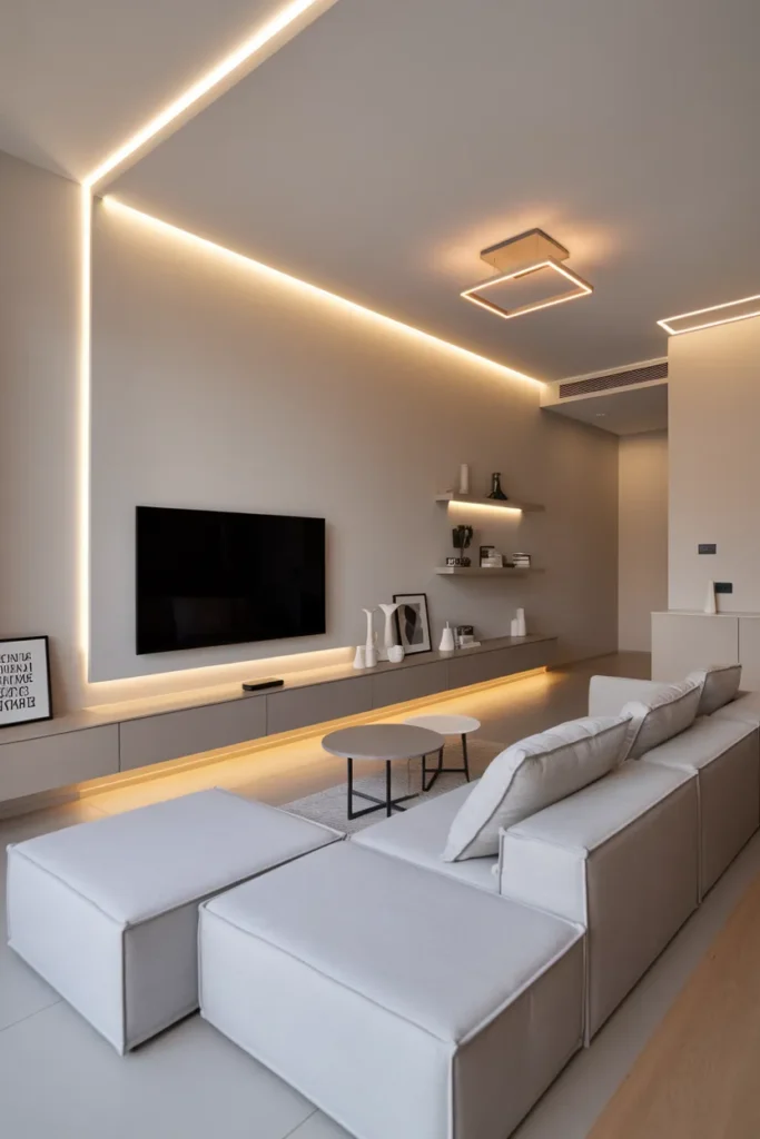 20 Trendy TV Wall Design Ideas to Elevate Your Home Aesthetic Effortlessly 14 TV Wall with Floating Console and Hidden Lighting